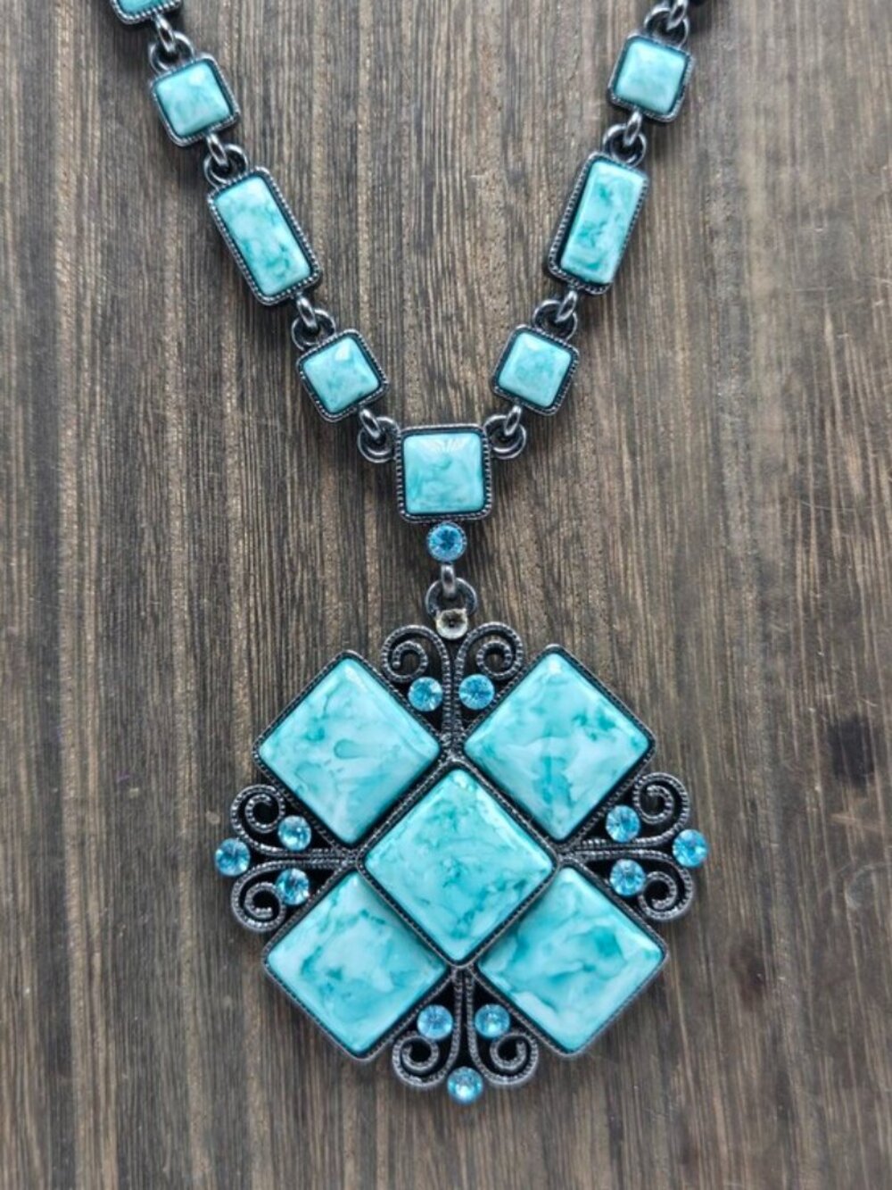 Marbled Cabochon Teal Necklace Rhinestone Gun Metal Accent Adjustable Costume